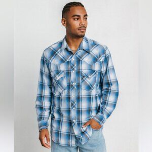 Vintage Wrangler Cowboy Rodeo Blue Plaid Western Pearl Snap Shirt Men’s